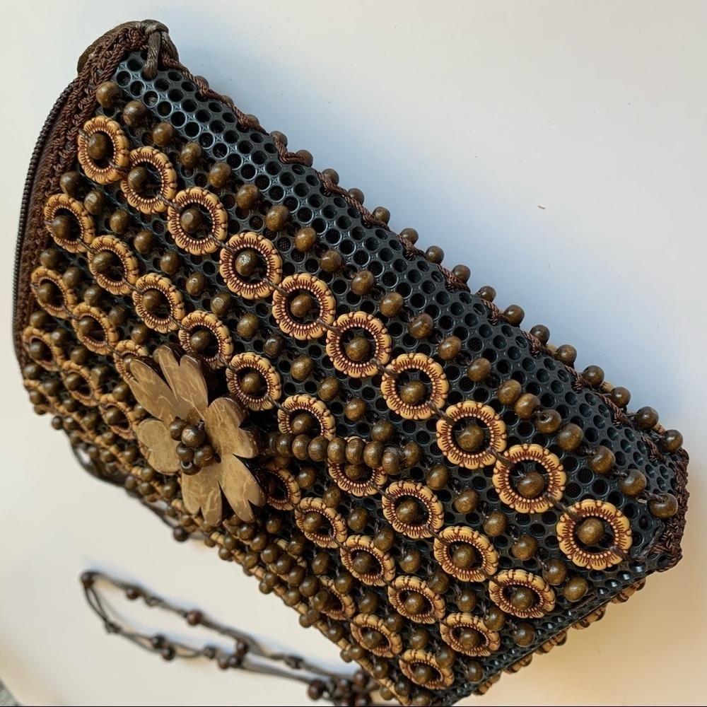 Handmade Wood Beaded Bag Floral Top Zip Mini Crossbody - Picture 3 of 15